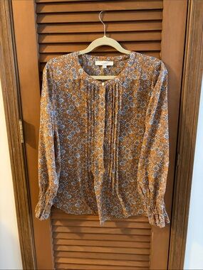 LOFT Rust Floral Pintuck Peasant Blouse